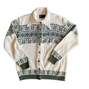 Vintage Jersild Sweater Cardigan Mens Large White Green Ski Fair Isle USA